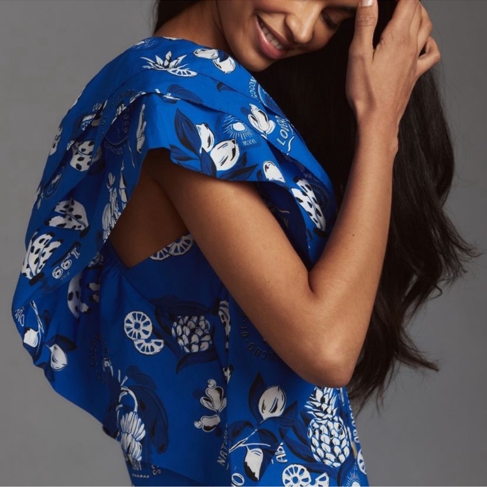 FARM Rio Blue Ruffle Sleeve Dress with White Tropical Print - Picture 2 of 7
